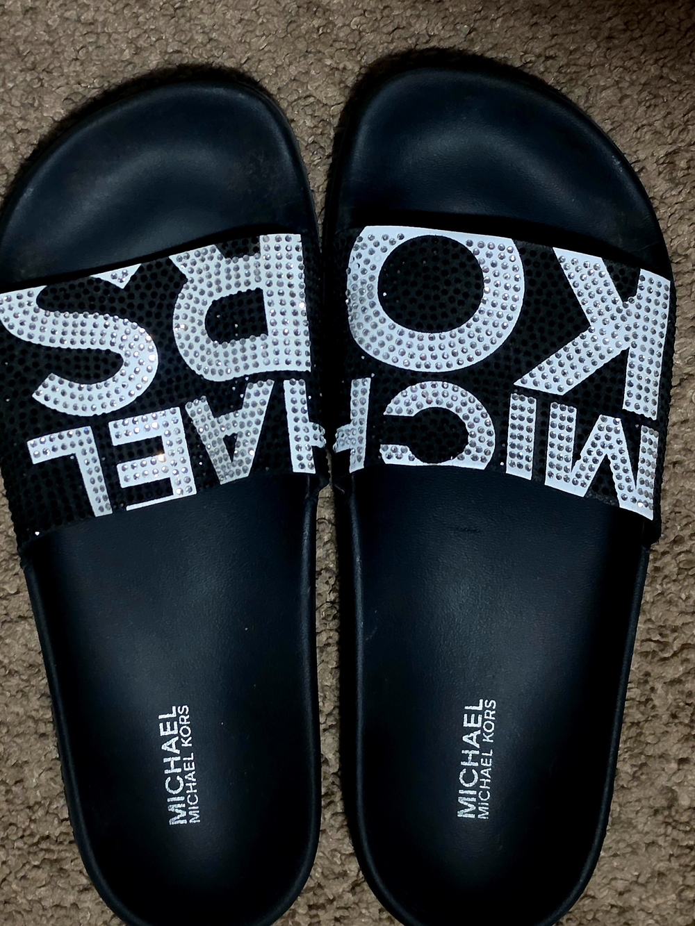 Michael Kors Black Slide Sandals with White Logo and Rhinestones